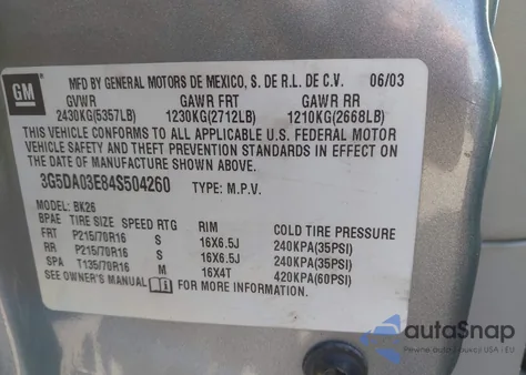 2004 Buick Rendezvous Cx из США, поврежденный, VIN 3G5DA03E84S504260